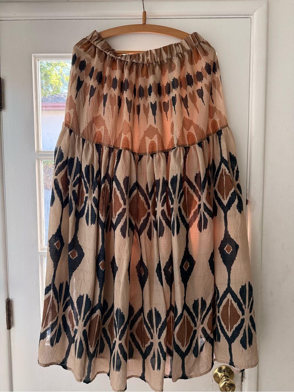 Halogen Beige, Brown and Black Patterned Tiered A-Line Skirt. Fits up to 14/16